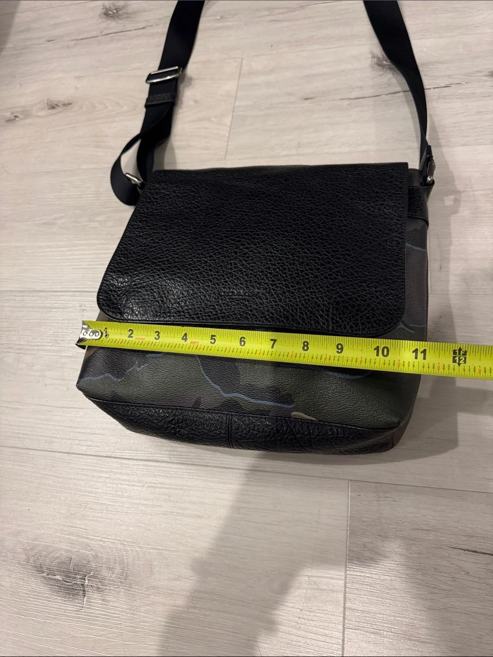 Coach Black Pebbled Leather Messenger Bag with Green Camo Panel
